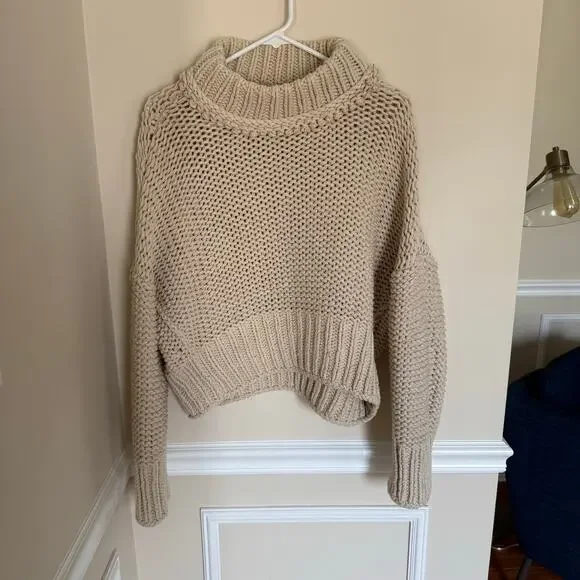 Free People Chunky Knit Cream My Only Sunshine Pullover Mockneck Sweater Preppy - Picture 6 of 16
